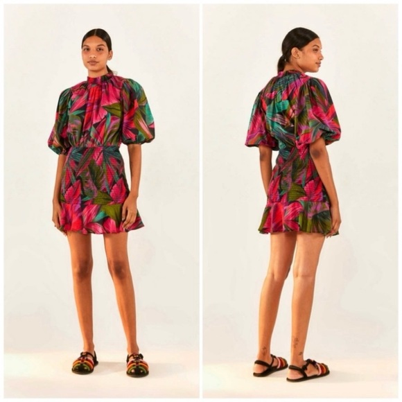 FARM Rio Dresses & Skirts - FARM Rio Midnight Leaves Mini Dress Women’s S Smocked Ruffle Puff Sleeve Cotton